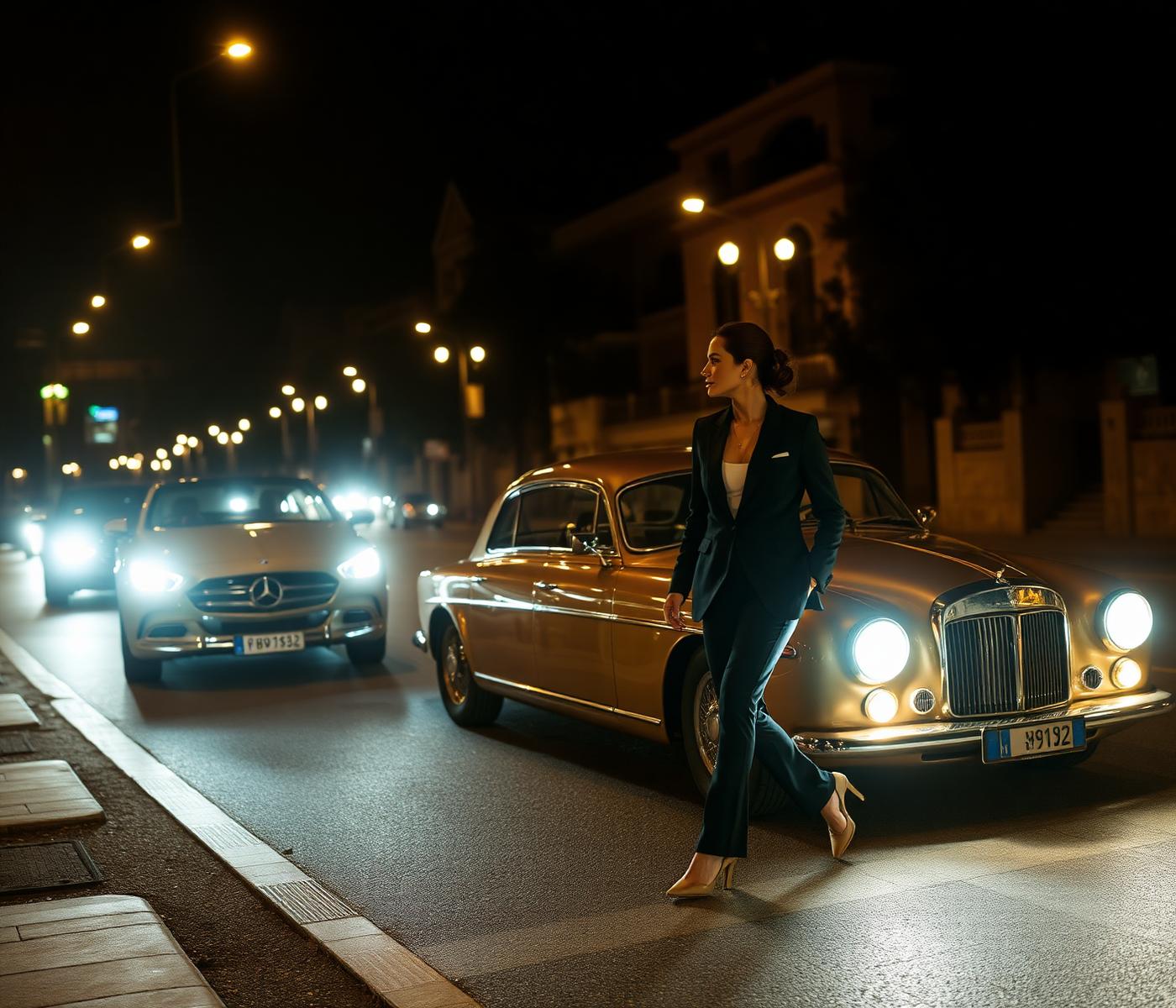 Night city street with a golden vintage car